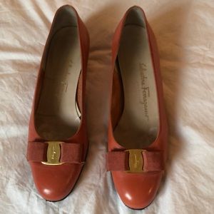 Ferragamo shoes, size 8B. Bold orange, 1.5” heel.